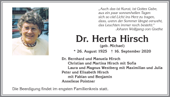 Traueranzeige von Herta Hirsch von Allgäuer Anzeigeblatt