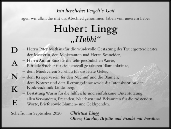 Traueranzeige von Hubert Lingg von Der Westallgäuer