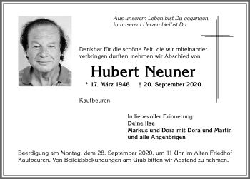 Traueranzeige von Hubert Neuner von Allgäuer Zeitung, Kaufbeuren/Buchloe