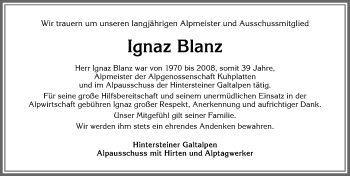Traueranzeige von Ignaz Blanz von Allgäuer Anzeigeblatt