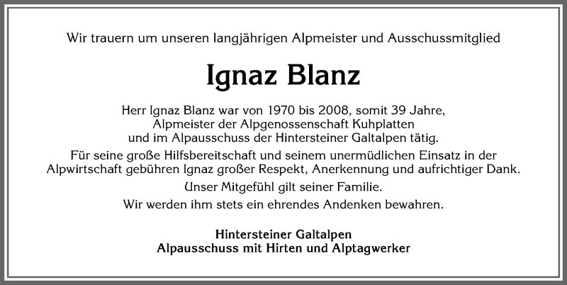  Traueranzeige für Ignaz Blanz vom 21.09.2020 aus Allgäuer Anzeigeblatt