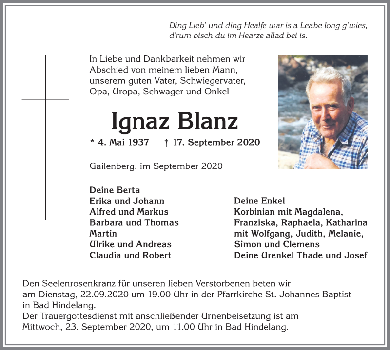  Traueranzeige für Ignaz Blanz vom 21.09.2020 aus Allgäuer Anzeigeblatt