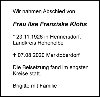 Traueranzeige von Ilse Franziska Klohs von Allgäuer Zeitung, Marktoberdorf