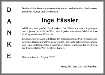 Traueranzeige von Inge Fässler von Allgäuer Anzeigeblatt
