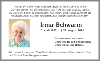 Traueranzeige von Irma Schwarm von Allgäuer Zeitung,Kempten