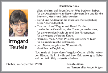 Traueranzeige von Irmgard Teufele von Allgäuer Anzeigeblatt
