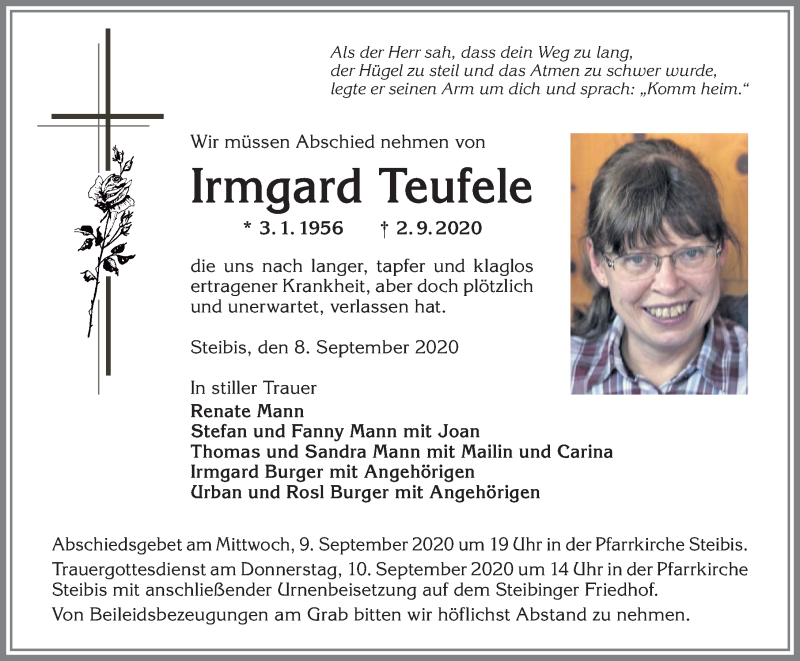  Traueranzeige für Irmgard Teufele vom 08.09.2020 aus Allgäuer Zeitung