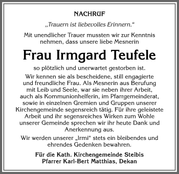 Traueranzeige von Irmgard Teufele von Allgäuer Anzeigeblatt