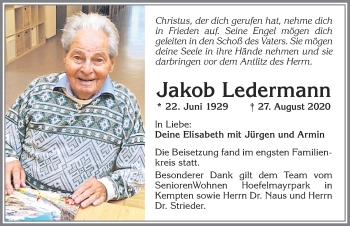 Traueranzeige von Jakob Ledermann von Allgäuer Zeitung, Marktoberdorf