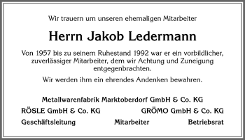 Traueranzeige von Jakob Ledermann von Allgäuer Zeitung, Marktoberdorf