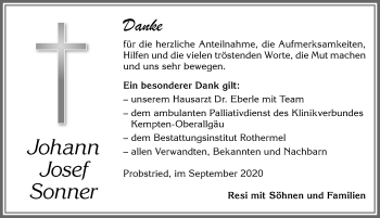 Traueranzeige von Johann Josef Sonner von Allgäuer Zeitung,Kempten