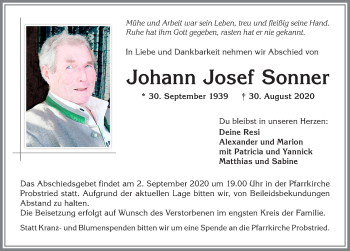 Traueranzeige von Johann Josef Sonner von Allgäuer Zeitung,Kempten