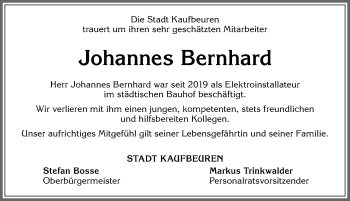 Traueranzeige von Johannes Bernhard von Allgäuer Zeitung, Kaufbeuren/Buchloe