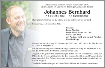 Traueranzeige von Johannes Bernhard von Allgäuer Zeitung, Kaufbeuren/Buchloe