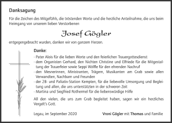 Traueranzeige von Josef Gögler von Memminger Zeitung