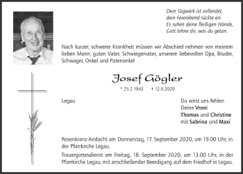 Traueranzeige von Josef Gögler von Memminger Zeitung