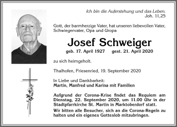 Traueranzeige von Josef Schweiger von Allgäuer Zeitung, Marktoberdorf