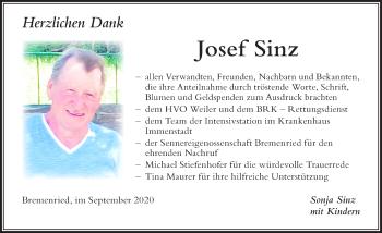 Traueranzeige von Josef Sinz von Der Westallgäuer