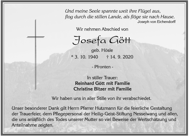  Traueranzeige für Josefa Gött vom 19.09.2020 aus Allgäuer Zeitung, Füssen