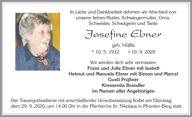  Traueranzeige für Josefine Ebner vom 25.09.2020 aus Allgäuer Zeitung, Füssen
