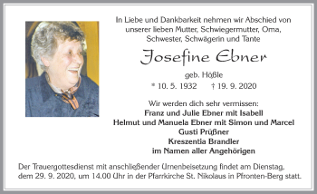 Traueranzeige von Josefine Ebner von Allgäuer Zeitung, Füssen