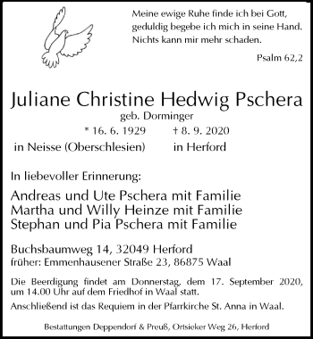 Traueranzeige von Juliane Christine Hedwig Pschera von Allgäuer Zeitung, Kaufbeuren/Buchloe