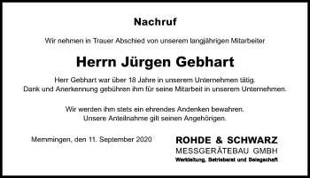 Traueranzeige von Jürgen Gebhart von Memminger Zeitung