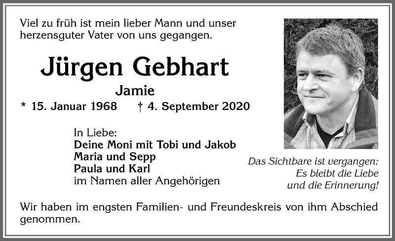  Traueranzeige für Jürgen Gebhart vom 12.09.2020 aus Allgäuer Zeitung,Kempten