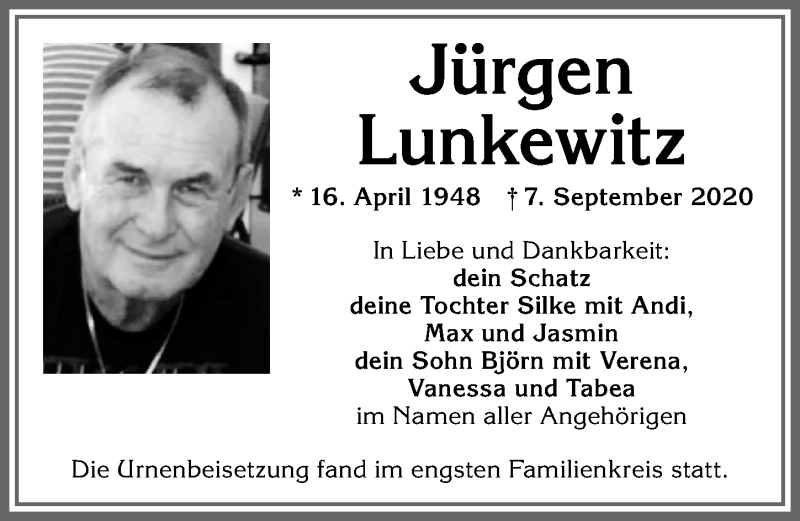  Traueranzeige für Jürgen Lunkewitz vom 19.09.2020 aus Allgäuer Zeitung, Kaufbeuren/Buchloe