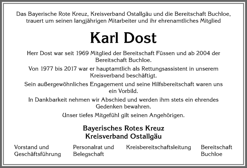  Traueranzeige für Karl Dost vom 15.09.2020 aus Allgäuer Zeitung