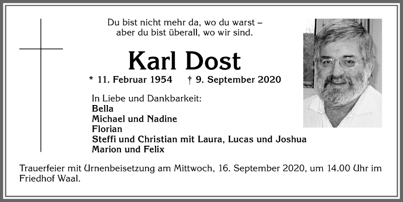  Traueranzeige für Karl Dost vom 12.09.2020 aus Allgäuer Zeitung, Kaufbeuren/Buchloe