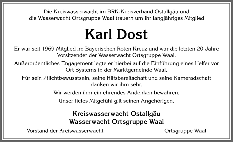  Traueranzeige für Karl Dost vom 15.09.2020 aus Allgäuer Zeitung