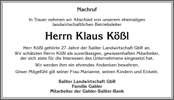 Traueranzeige von Klaus Kößl von Allgäuer Zeitung, Marktoberdorf