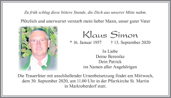 Traueranzeige von Klaus Simon von Allgäuer Zeitung, Marktoberdorf
