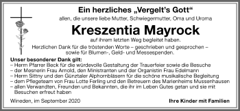 Traueranzeige von Kreszentia Mayrock von Memminger Zeitung