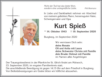 Traueranzeige von Kurt Spieß von Allgäuer Anzeigeblatt