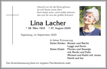 Traueranzeige von Lina Lacher von Allgäuer Anzeigeblatt