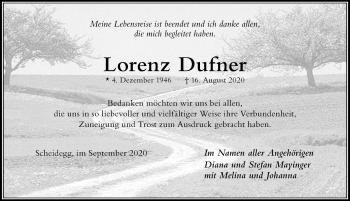 Traueranzeige von Lorenz Dufner von Der Westallgäuer