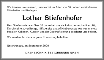 Traueranzeige von Lothar Stiefenhofer von Allgäuer Zeitung, Marktoberdorf