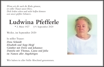 Traueranzeige von Ludwina Pfefferle von Der Westallgäuer
