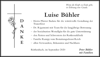 Traueranzeige von Luise Bühler von Der Westallgäuer