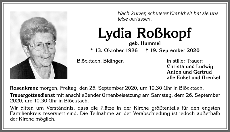  Traueranzeige für Lydia Roßkopf vom 24.09.2020 aus Allgäuer Zeitung