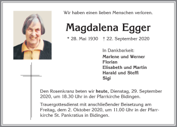 Traueranzeige von Magdalena Egger von Allgäuer Zeitung, Marktoberdorf