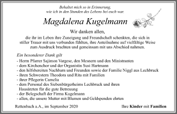 Traueranzeige von Magdalena Kugelmann von Allgäuer Zeitung, Marktoberdorf