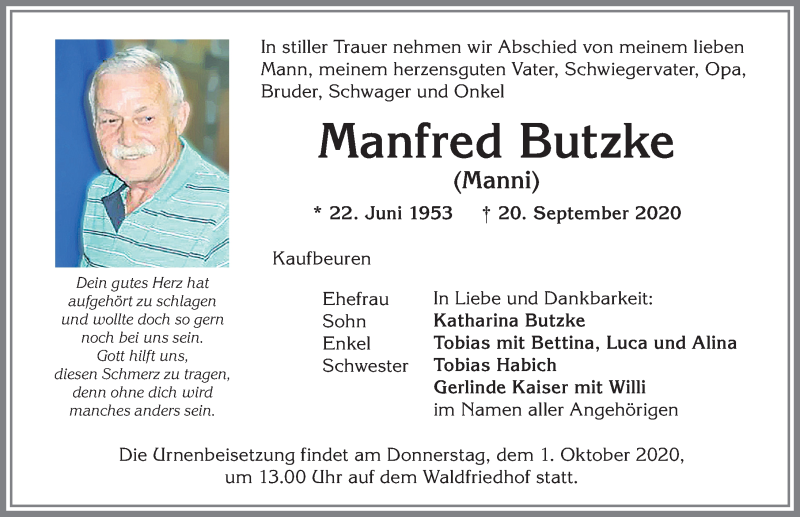  Traueranzeige für Manfred Butzke vom 26.09.2020 aus Allgäuer Zeitung, Kaufbeuren/Buchloe