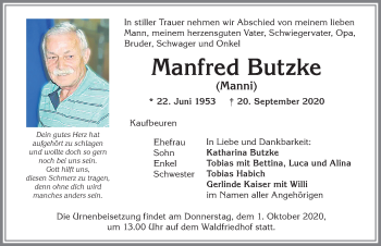 Traueranzeige von Manfred Butzke von Allgäuer Zeitung, Kaufbeuren/Buchloe