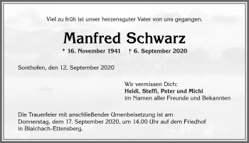 Traueranzeige von Manfred Schwarz von Allgäuer Anzeigeblatt