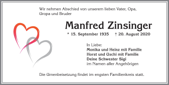 Traueranzeige von Manfred Zinsfinger von Allgäuer Zeitung, Kaufbeuren/Buchloe