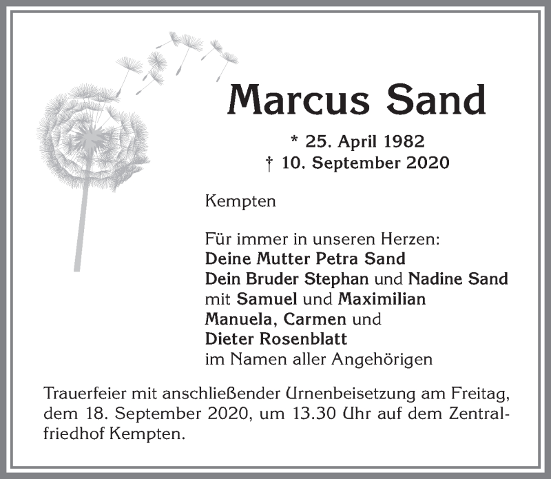  Traueranzeige für Marcus Sand vom 16.09.2020 aus Allgäuer Zeitung,Kempten