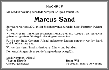 Traueranzeige von Marcus Sand von Allgäuer Zeitung,Kempten